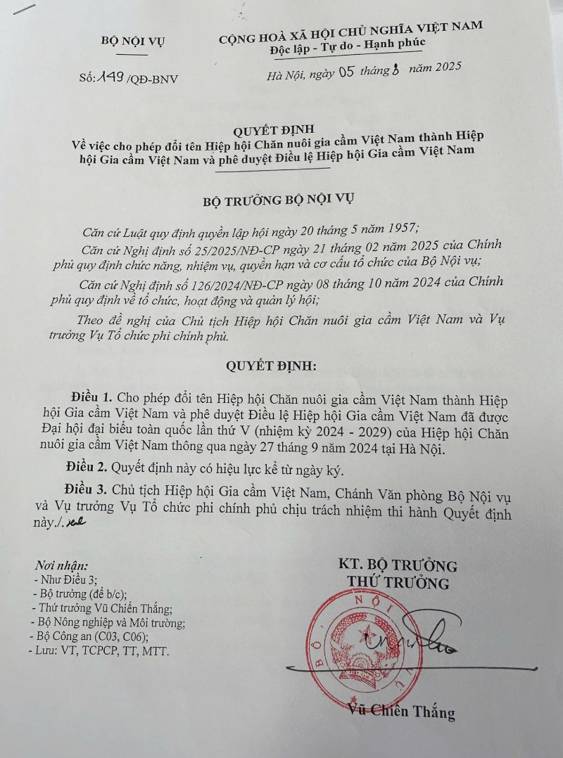 Hiệp hội Gia cầm Việt Nam đổi tên
